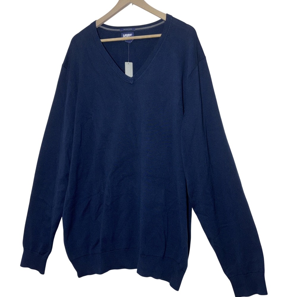 Lands End Mens Navy Blue 100% Supima Cotton V-Neck Pullover Sweater XL
